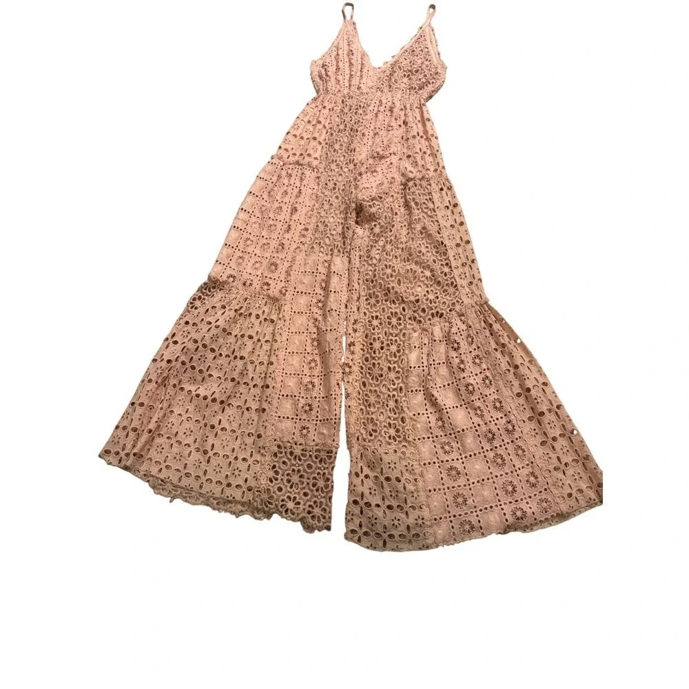 Free People FP One XS Pink Eyelet Lace‎ Wide Leg Jumpsuit Boho Festival